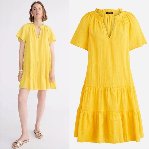 BOGO! J. Crew Ruffle Trim Tiered Dress in Cotton Dobby Yellow Size Small - Picture 1 of 9
